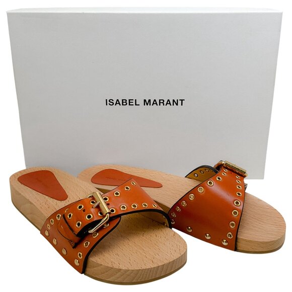 Isabel Marant Natural Leather Jaso Eyelet Grommet Wood Slide Sandals - Picture 6 of 9